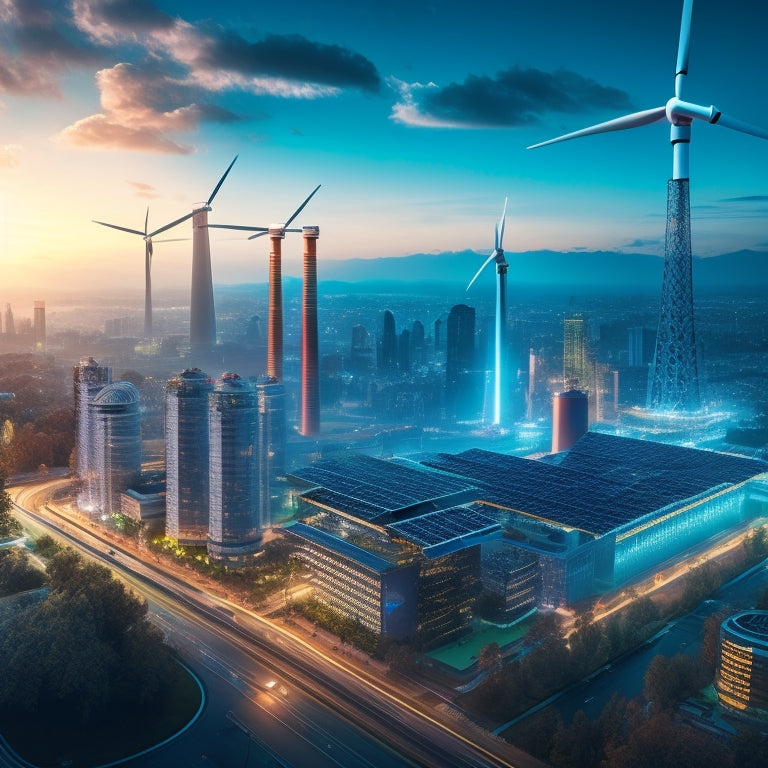 An illustration of a cityscape transitioning from pollution to cleanliness, with smokestacks converting to wind turbines and solar panels, connected to a central hub with glowing circuitry.