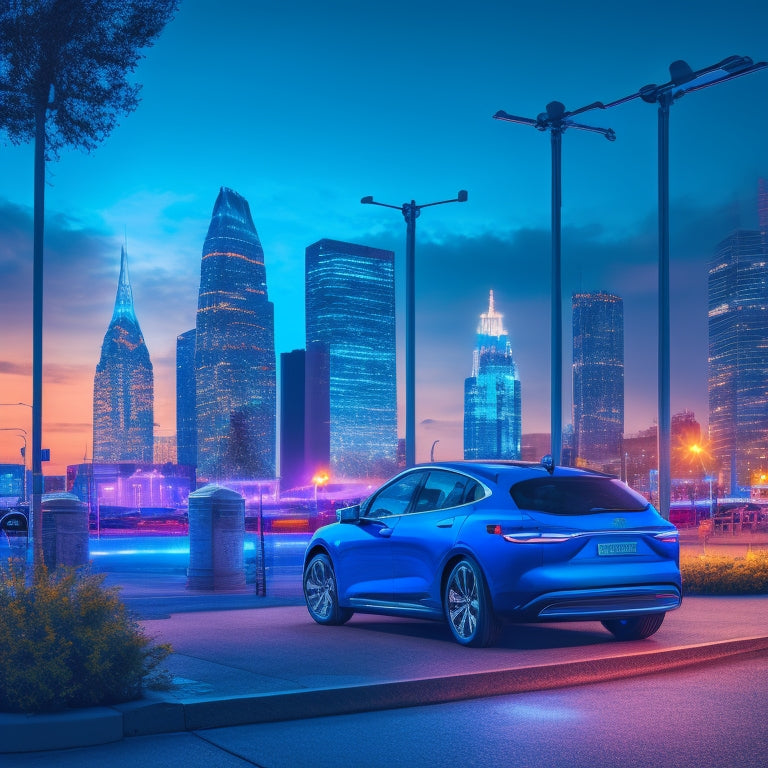 A stylized illustration of a electric vehicle (EV) parked in front of a cityscape at dusk, with a large, glowing blue charging station sign in the foreground, surrounded by subtle, pulsing electric circuits patterns.