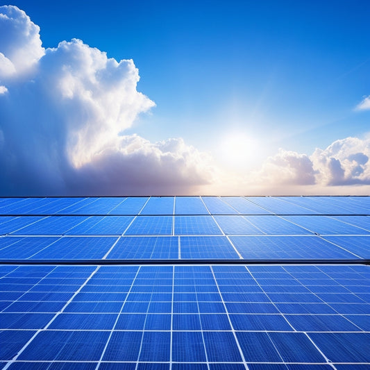 An illustration of a rooftop solar panel array with bright blue sky and fluffy white clouds, angled panels with subtle shading, and a subtle grid pattern in the background.