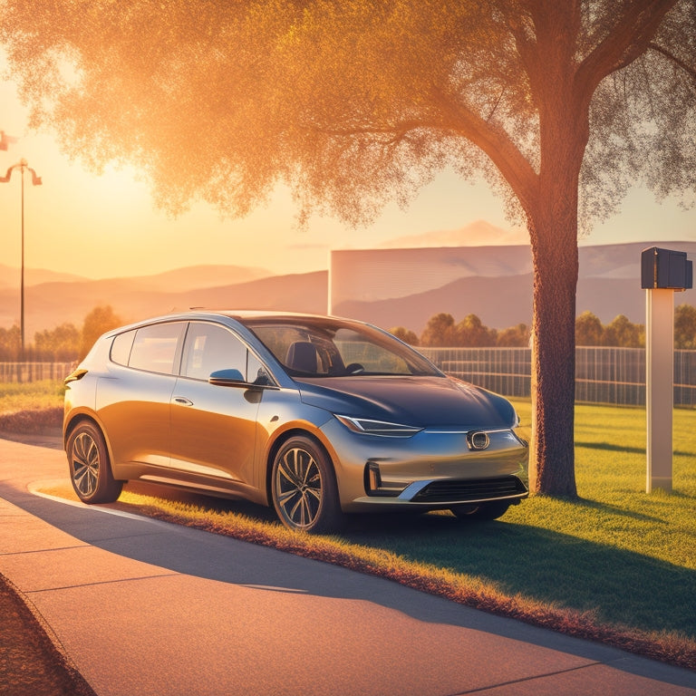 An illustration of a modern electric vehicle parked in a sunny spot, connected to a sleek solar panel charger, with a subtle glow effect around the charger and a faint sunbeam in the background.