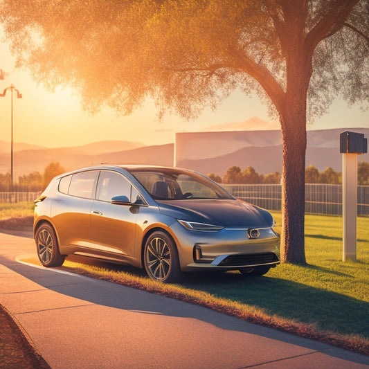 An illustration of a modern electric vehicle parked in a sunny spot, connected to a sleek solar panel charger, with a subtle glow effect around the charger and a faint sunbeam in the background.