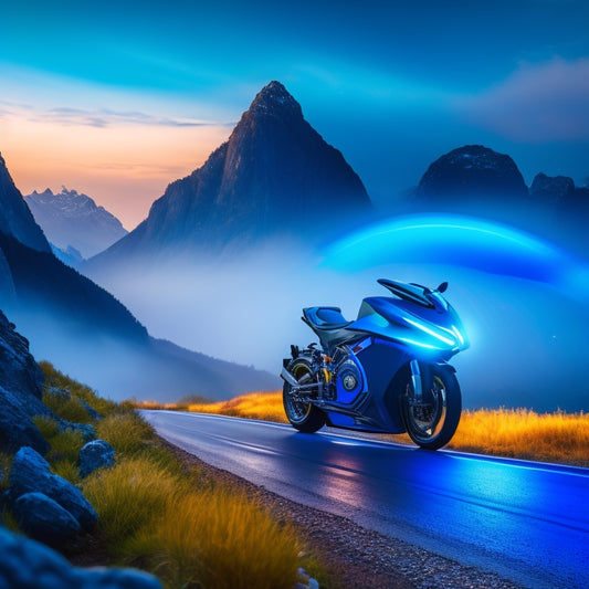 A futuristic electric motorcycle speeding on a winding road, surrounded by a halo of kinetic energy lines, with glowing blue brake calipers and wheels emitting a radiant aura, set against a dark, misty mountain landscape.