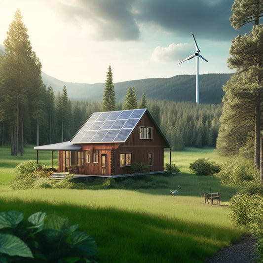 An illustration of a remote cabin surrounded by lush greenery, with a solar panel array on the roof, a wind turbine in the distance, and a battery bank in the foreground.