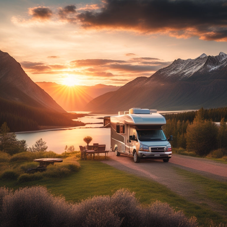 A serene landscape featuring a motorhome parked in front of a majestic mountain range at sunset, with sleek RV solar panels on its roof, surrounded by lush greenery and a few puffy clouds.