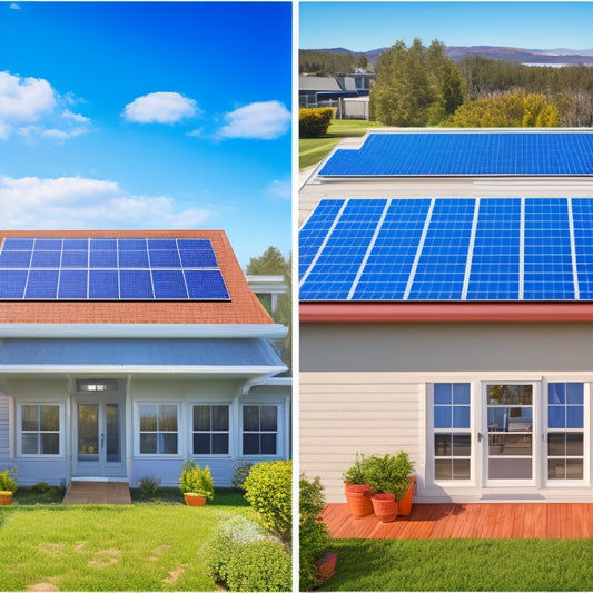 A split-screen image: a sunny rooftop with solar panels installed, versus a blueprint of a house with measurement markings, highlighting roof size, angle, and shading obstacles.