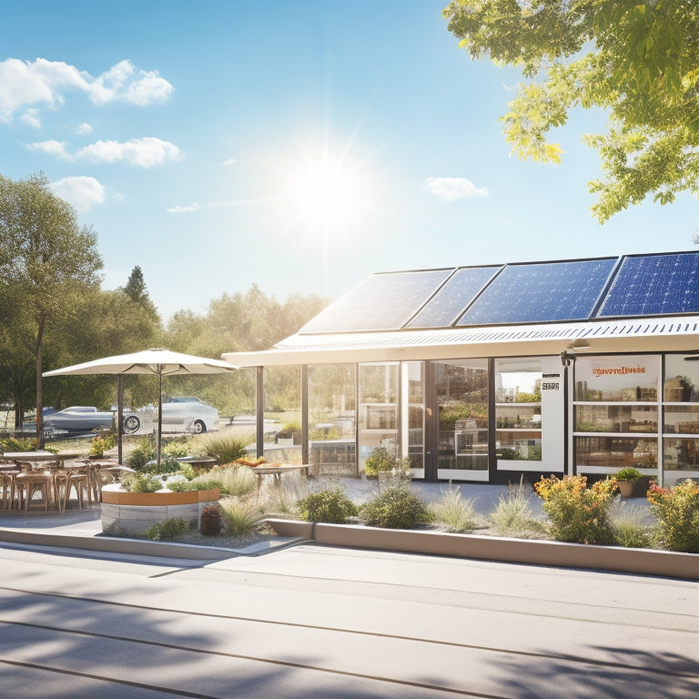 A sunny day scene with a small business storefront, such as a bakery or cafe, with sleek, modern commercial solar panels installed on the rooftop, surrounded by lush greenery and a bright blue sky.