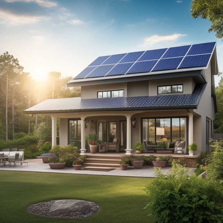 A serene suburban home with solar panels on the roof, surrounded by lush greenery, with a tablet displaying a dashboard of real-time energy production and consumption data in the foreground.