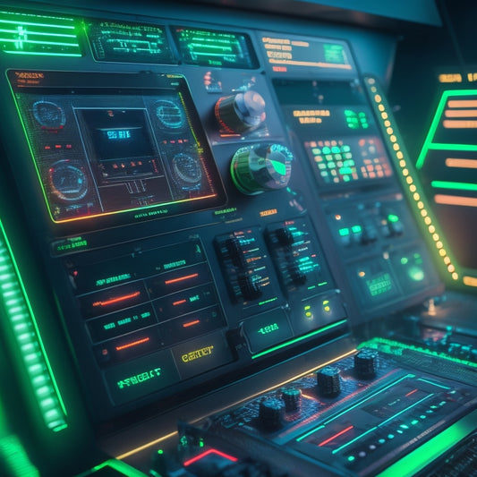 A futuristic dashboard with neon-lit gauges, surrounded by circuit boards and wires, displaying a mix of green and red lights, with a subtle grid pattern in the background, conveying a sense of tech-savviness and monitoring.