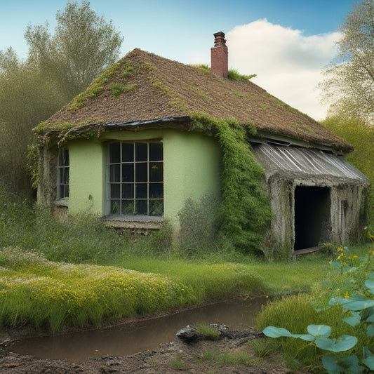 A cracked and worn-out house foundation with visible water damage, surrounded by overgrown weeds and broken roof tiles, conveying a sense of neglect and disrepair.