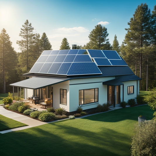 A serene suburban home with a sleek, modern solar panel array on the roof, adjacent to a compact battery storage unit, surrounded by lush greenery and a sunny blue sky.