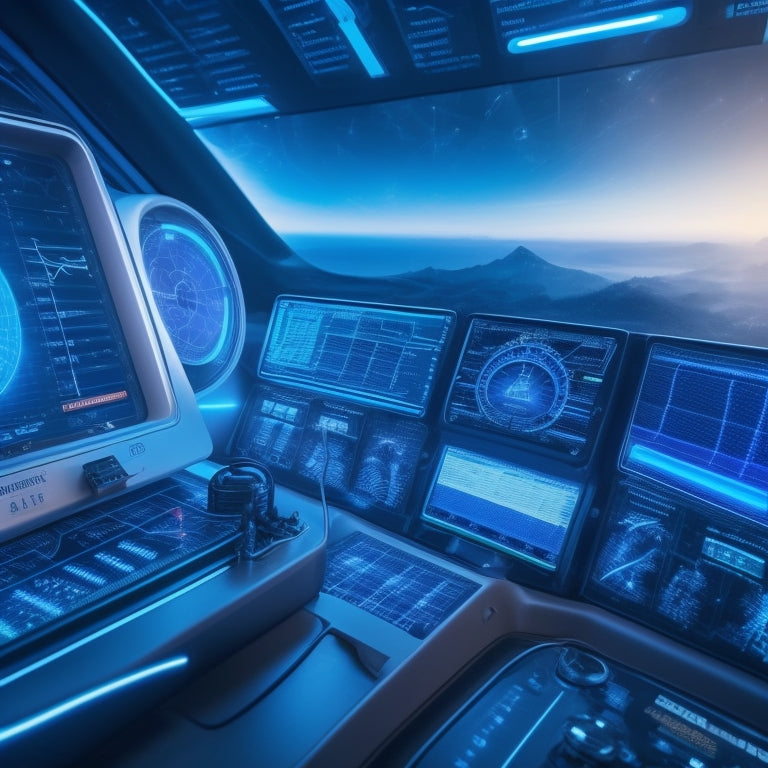 A futuristic dashboard with glowing blue circuits, surrounded by orbiting batteries, solar panels, and wind turbines, amidst a subtle grid background, with pulsing energy waves and subtle data charts.