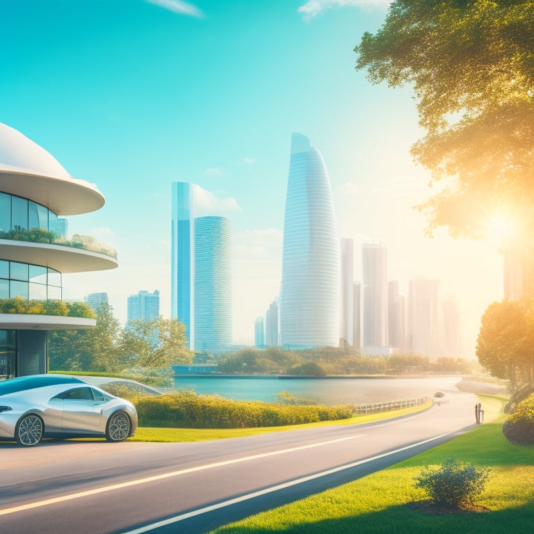 A futuristic cityscape with sleek, electric vehicles hums with quiet efficiency, amidst lush greenery and modern architecture, as a bright blue sky with fluffy white clouds serves as a serene backdrop.