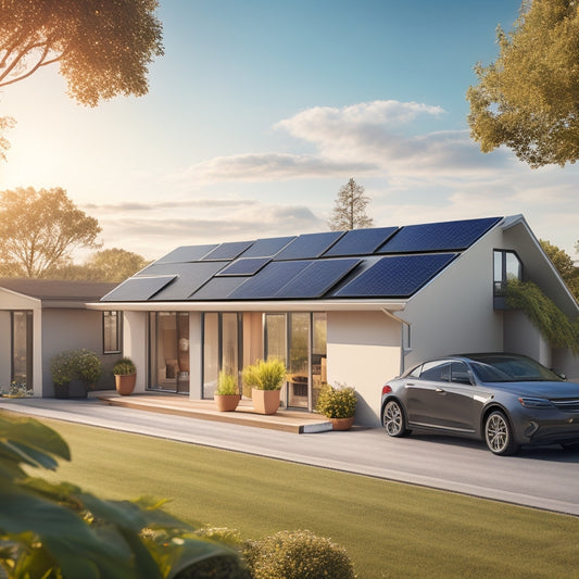 A serene, sun-drenched rooftop with a sleek, black solar panel array and a compact, silver battery system installed beside a modern, energy-efficient house with a subtle, electric vehicle in the background.