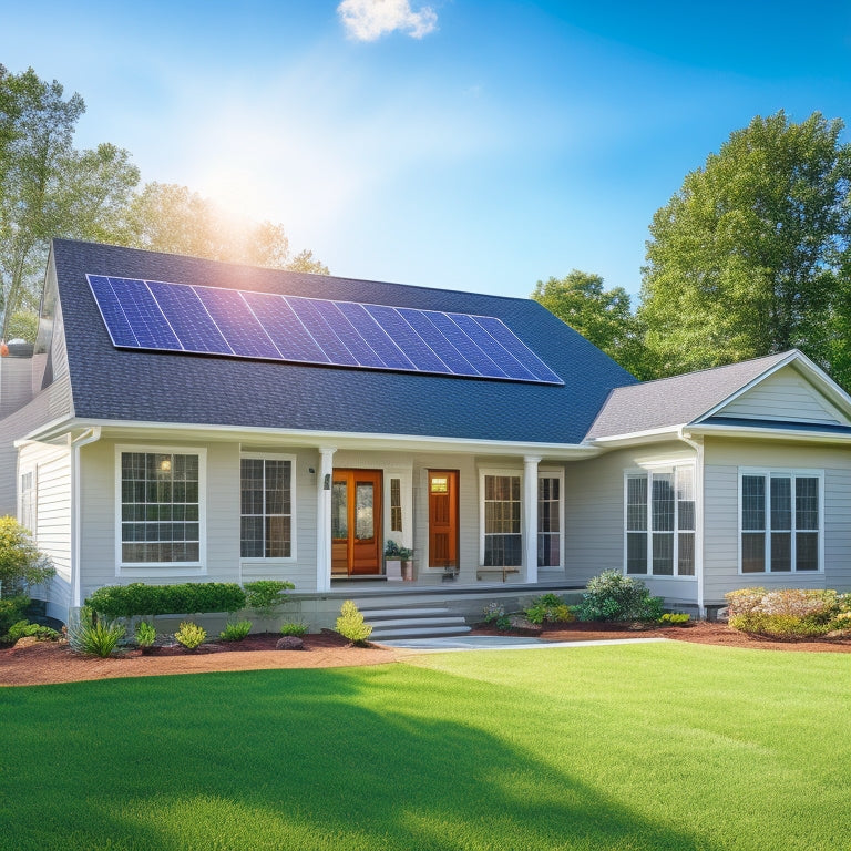 A serene suburban home with a mix of sunny and shaded areas, showcasing a partially installed solar panel system on the roof, with tools and equipment scattered around.