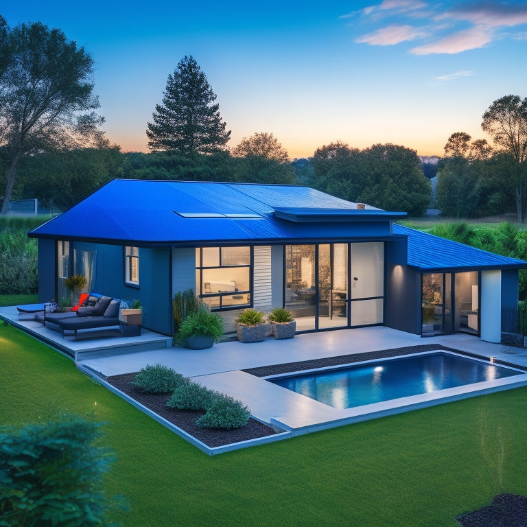 A serene, modern home backyard with a sleek, black solar panel array mounted on the roof, connected to a compact, metallic battery bank with glowing blue LED indicators.