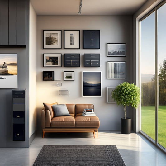 A photorealistic illustration of a modern home's interior, with a sleek, wall-mounted solar battery bank system featuring rows of shiny, black, rectangular batteries and a central, silver, rectangular inverter unit.