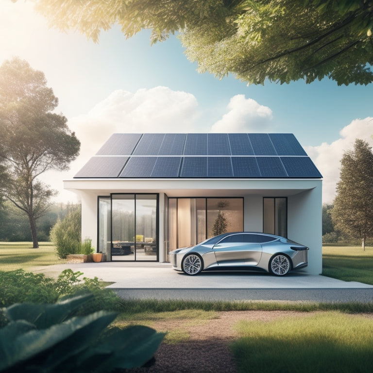 A futuristic, minimalist illustration depicting a sleek, silver electric vehicle parked in front of a modern, sustainable home with solar panels installed on the roof, surrounded by lush greenery.