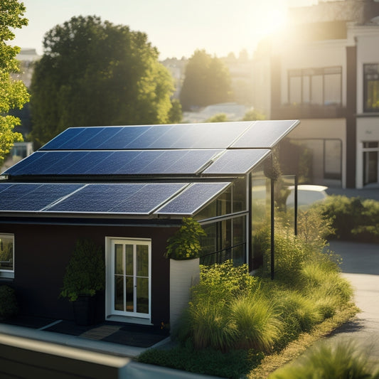 A sunny day with a small business storefront in the foreground, solar panels installed on the rooftop, surrounded by lush greenery, with a subtle cityscape in the background.