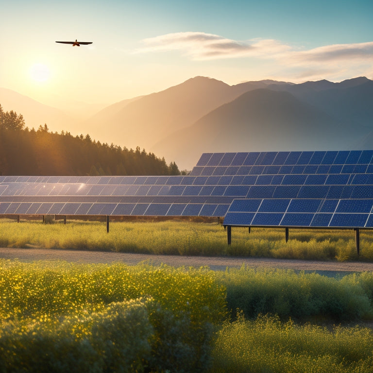 A serene landscape with a vast solar panel farm in the foreground, surrounded by lush greenery, with a faint misty mountain range in the background and a few birds flying overhead.