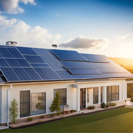 A rooftop solar system installation on a modern residential home with various components labeled, including panels, inverters, and mounting hardware, set against a clear blue sky with a few wispy clouds.