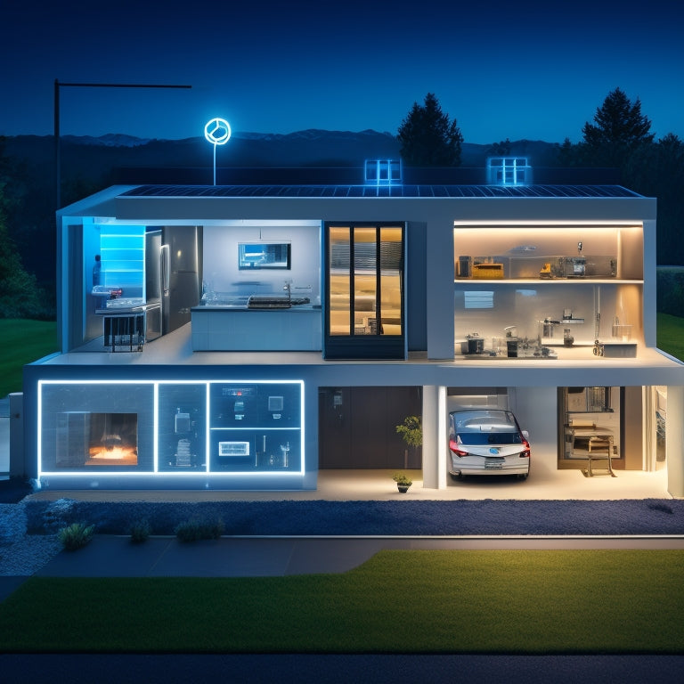 An illustration of a modern home with bright, glowing lines and circuits visible beneath its walls, windows, and roof, surrounded by icons of energy-efficient appliances and devices.