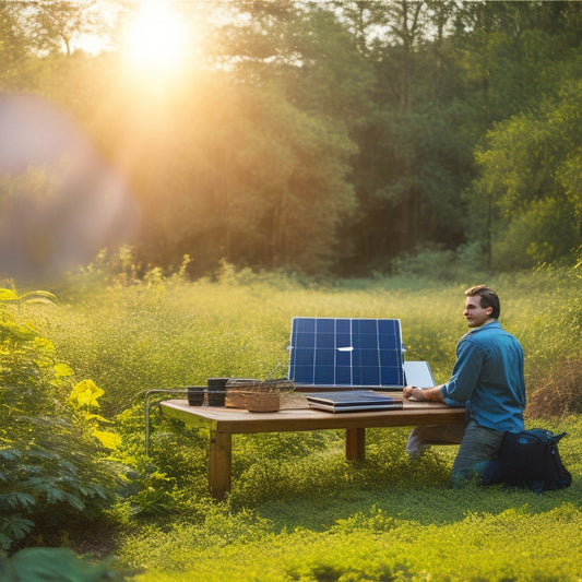 A serene outdoor scene featuring a person in the distance, surrounded by lush greenery, with a portable solar panel setup in the foreground, connected to a battery and a laptop, with a subtle sunshine effect.