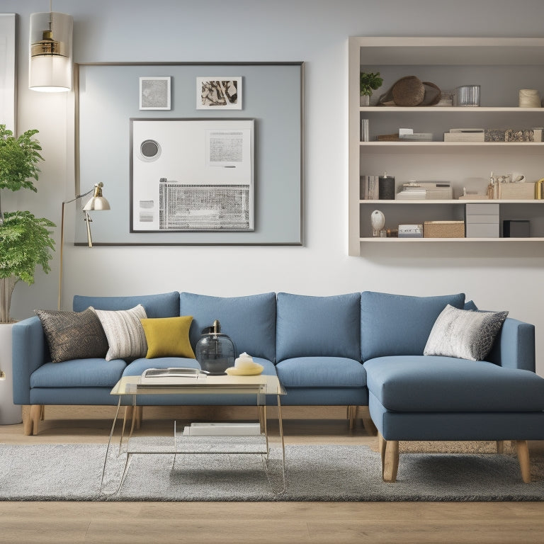 An illustration of a modern living room with various furniture pieces, including a couch, coffee table, and TV stand, surrounded by differently sized measurement tapes and rulers, with subtle apartment blueprints in the background.