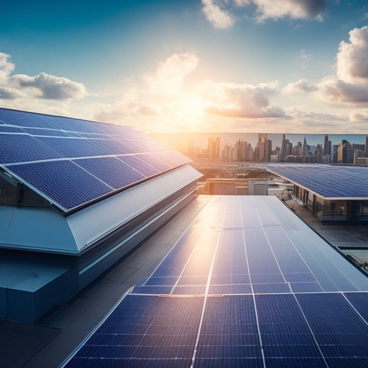 A futuristic rooftop with sleek, black solar panels at varying angles, surrounded by a cityscape with a bright blue sky and fluffy white clouds, with a subtle glow effect on the panels.