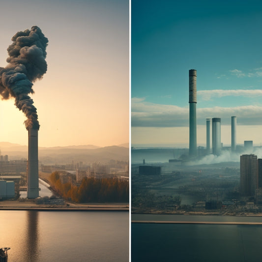 A split-screen image featuring a polluted cityscape with exhaust pipes and smoke on one side, and a serene natural landscape with a recycling symbol and a green battery on the other.