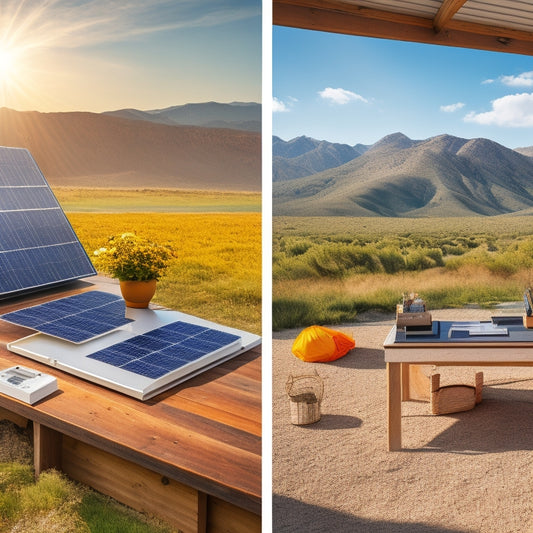 A split-screen image featuring a serene, sun-kissed landscape with a few solar panels installed on a rooftop on one side, and a clutter-free desk with various DIY solar panel kits, tools, and gadgets on the other.