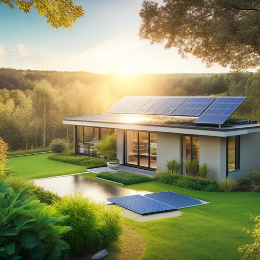 A serene landscape featuring a modern home with a rooftop solar panel array, surrounded by lush greenery, with a subtle sunburst in the background, conveying eco-friendliness and sustainability.