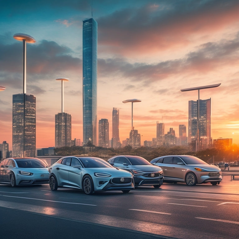 A futuristic cityscape at dusk with sleek electric vehicles parked beside modern charging stations, featuring a prominent price tag or currency symbols hovering above the scene.