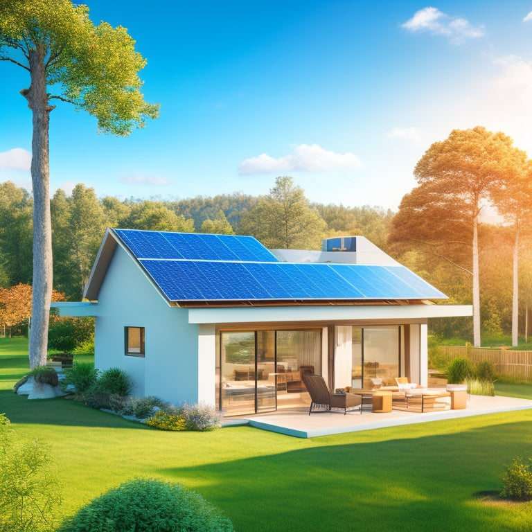 An illustration of a modern, eco-friendly home surrounded by lush greenery, with solar panels on the roof, a battery storage system, and a smart home automation system, set against a bright blue sky with fluffy white clouds.