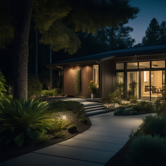 A serene nighttime scene of a modern home surrounded by lush greenery, with solar-powered lights illuminating the walkway, porch, and garden, casting a warm, soft glow amidst the darkness.