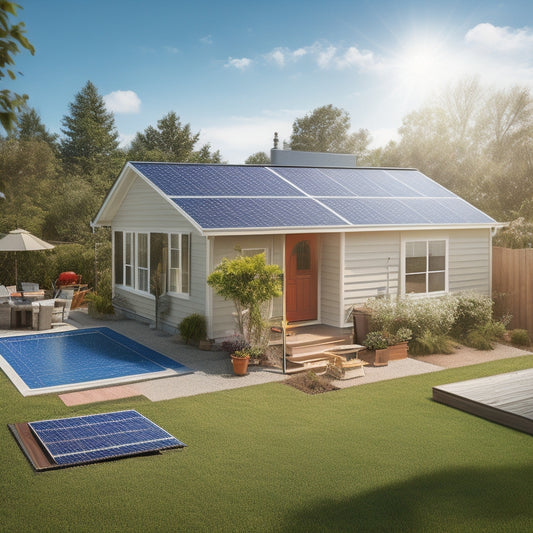 A sunny backyard with a partially installed solar kit, featuring a ladder, toolbox, and scattered solar panels, with a subtle grid pattern in the background to represent a roof.