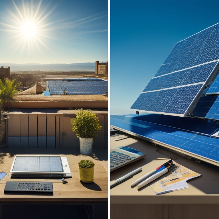 A split-screen image featuring a rooftop with solar panels against a bright blue sky on one side, and a calculator surrounded by scattered papers and pencils on a cluttered desk on the other.