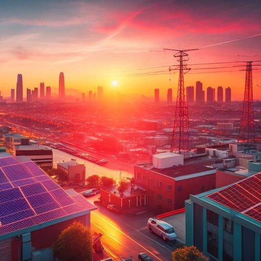 A vibrant illustration of a cityscape at sunset, with solar panels integrated into rooftops, windows, and streets, surrounded by electric power lines, transmission towers, and a subtle grid pattern in the background.