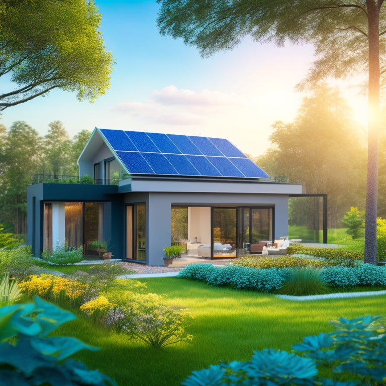 A serene, modern home with sleek solar panels on its roof, surrounded by lush green trees and vibrant flowers, with a faint blue haze in the background, symbolizing a bright, eco-friendly future.