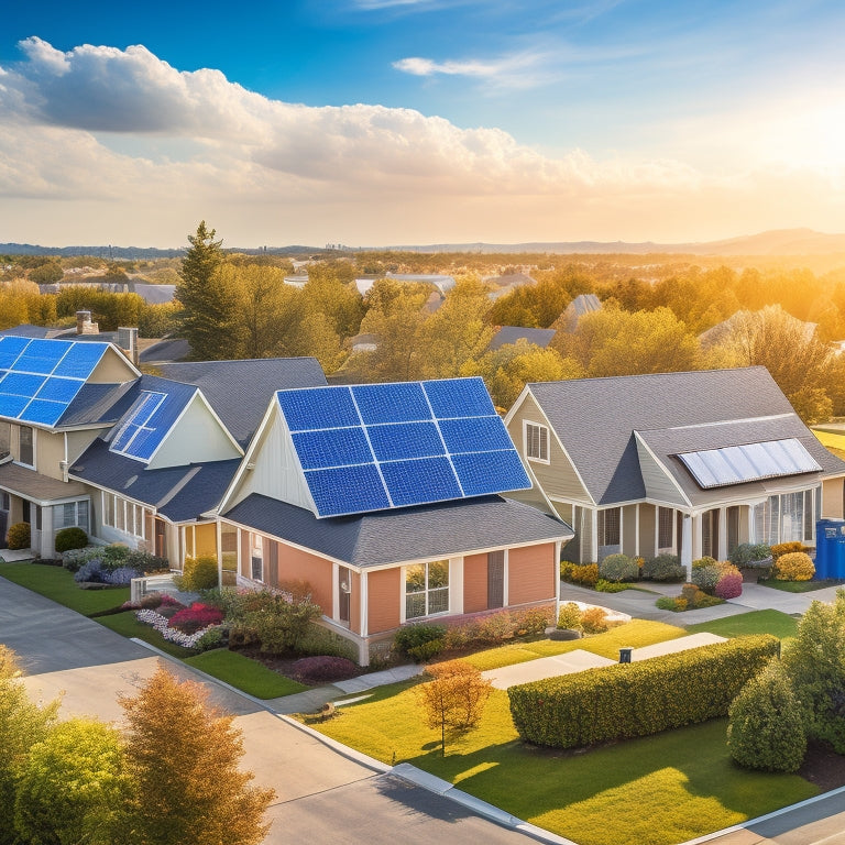 A serene suburban neighborhood with various residential rooftops, each featuring a unique solar panel design, showcasing different brands, sizes, and installation styles, set against a bright blue sky with a few fluffy white clouds.