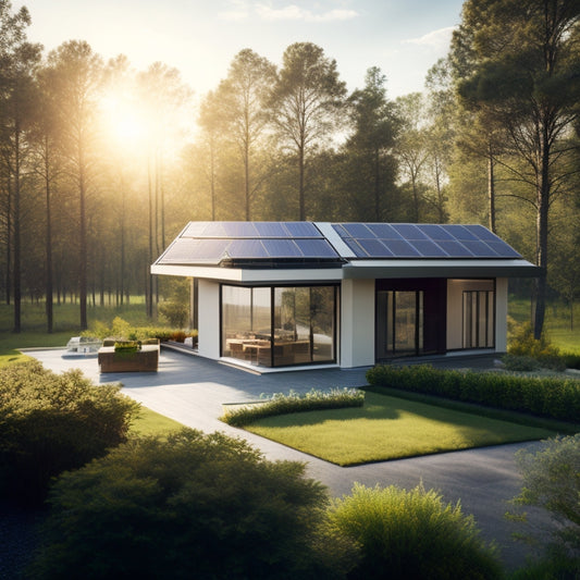 A serene landscape with a modern home surrounded by lush greenery, featuring a sleek solar panel array on the roof, with a subtle sun symbol above, radiating warm, sunny light.