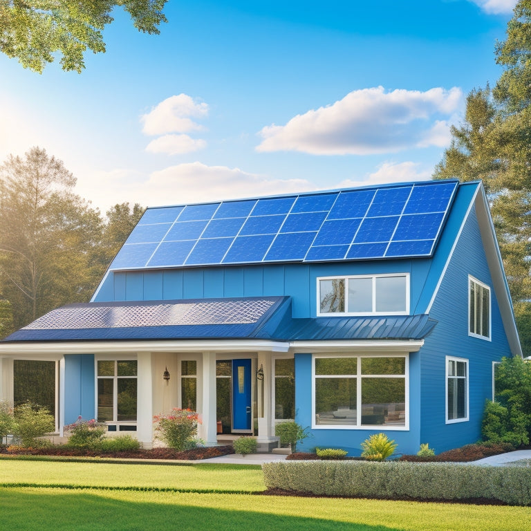 A serene suburban home with a sleek, modern solar roof system, featuring integrated photovoltaic tiles in a gradient of blues and silvers, surrounded by lush greenery and a bright blue sky.