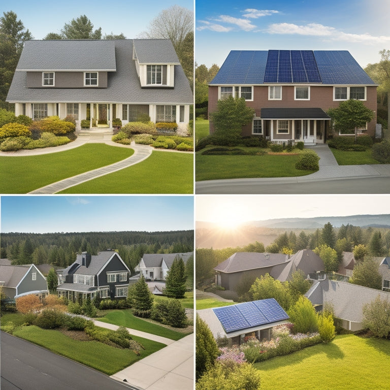 A serene suburban neighborhood with 7 identical houses, each highlighting a distinct aspect of solar installation: panels on rooftops, inverters on walls, mounting systems, wiring, laborers at work, roofs with varying angles, and a sun shining down.