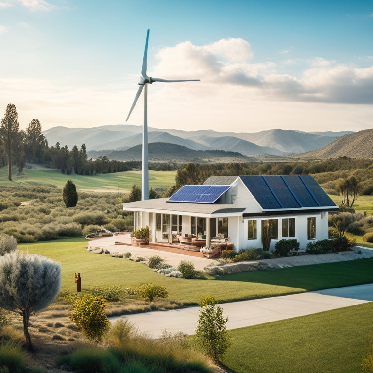 A serene California landscape with a modern, solar-paneled home amidst lush greenery, surrounded by wind turbines and a bright blue sky with fluffy white clouds.