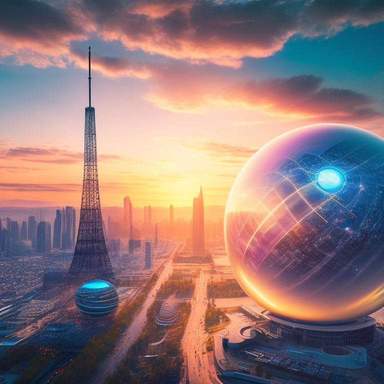 An illustration of a futuristic cityscape at sunset with sleek, modern buildings and wind turbines, featuring a large, glowing orb surrounded by swirling lines of light and energy pulses.