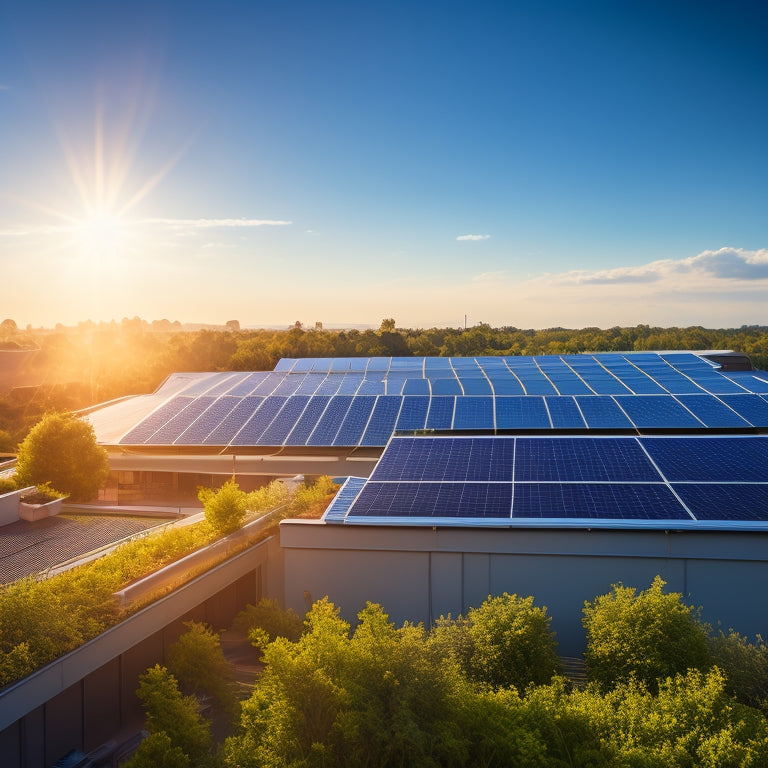 A serene, sun-lit industrial rooftop with sleek, black solar panels arranged in neat rows, surrounded by verdant greenery, against a bright blue sky with a few wispy clouds.