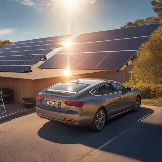 A sunny day with a parked car having a solar panel installed on its roof, with wires connecting to the car battery, and a subtle glow around the battery indicating a power boost.