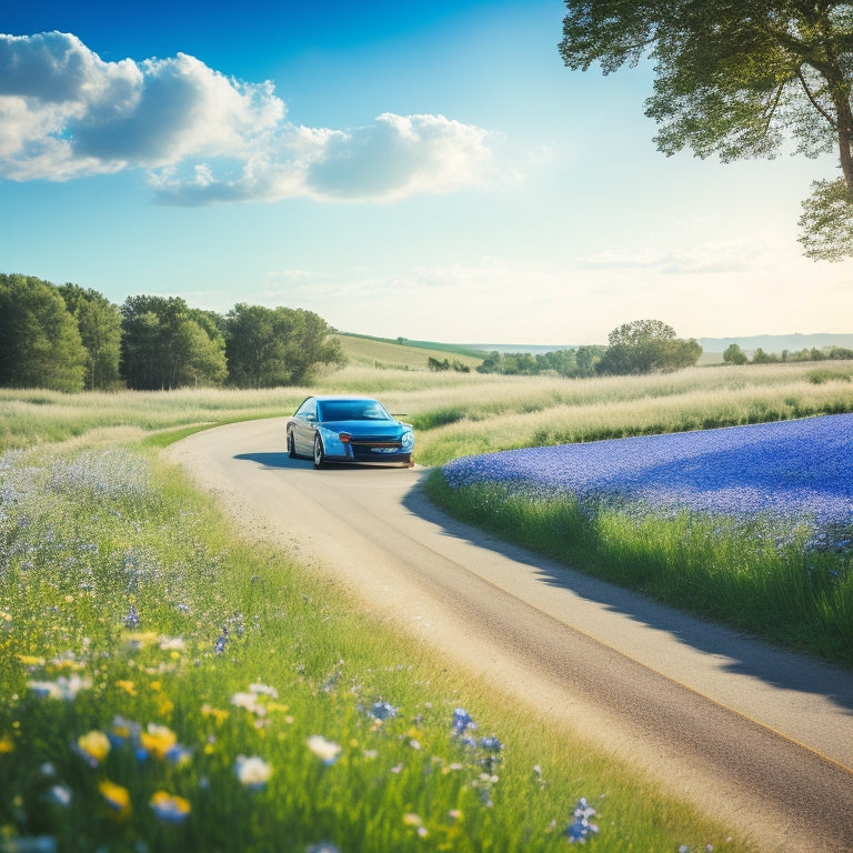 A serene landscape with a winding road, flanked by lush greenery and a bright blue sky, featuring a sleek, silver eco-friendly car in the distance, surrounded by blooming wildflowers.