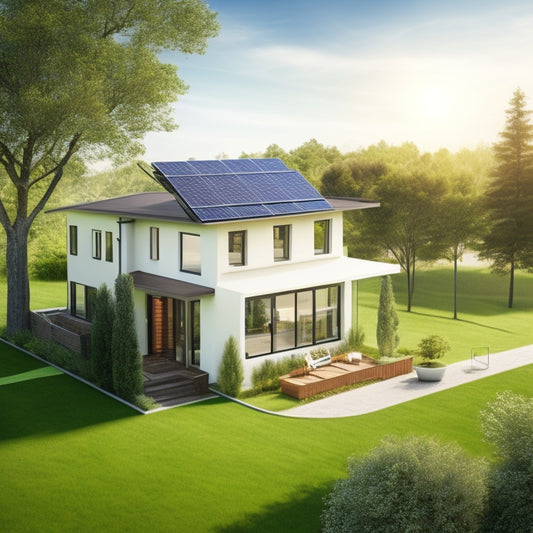 An illustration of a modern two-story house with a solar panel roof, a small wind turbine in the backyard, and a green lawn with a few trees, surrounded by a subtle grid of interconnected nodes and lines.