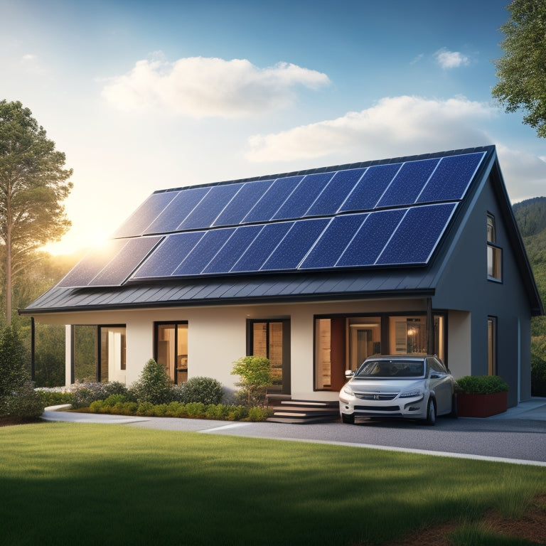 An illustration of a suburban house with a moderately pitched roof, showcasing a sleek solar panel array installed on the south-facing slope, with a few panels slightly angled for maximum energy harvesting.