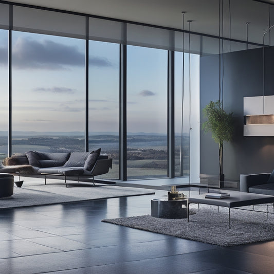 A sleek, modern home interior with floor-to-ceiling windows, featuring a prominent wall-mounted battery array with various brands and models, surrounded by subtle electrical wires and a faint cityscape silhouette.